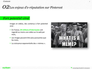 Contexte                                                 7




02Les enjeux d'e-réputation sur Pinterest
Fort potentiel viral
       Images et vidéos, des contenus à fort potentiel
       viral :

        En France, 29 millions d’internautes ont
         regardé au moins une vidéo sur le web par
         mois,
        Les images peuvent être plus puissantes que
         les mots,
        La croissance exponentielle des « mèmes ».
 