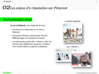 Contexte                                                                       8




02Les enjeux d'e-réputation sur Pinterest
Fort potentiel viral                                     La photo originelle

       Le cas La Redoute, une image fait le buzz :

        Un homme nu découvert sur le site La
         Redoute,
        Une photo diffusée massivement. Plus de
         8000 partages sur Facebook et Twitter,
        Les internautes créent des « mèmes » avec cet
         homme dans différentes situations. Création
         d’un Tumblr dédié à ce fail de La Redoute.        Les « mèmes »
 