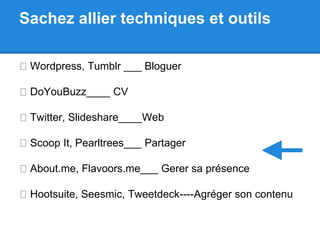 Sachez allier techniques et outils 
Wordpress, Tumblr ___ Bloguer 
DoYouBuzz____ CV 
Twitter, Slideshare____Web 
Scoop It, Pearltrees___ Partager 
About.me, Flavoors.me___ Gerer sa présence 
Hootsuite, Seesmic, Tweetdeck----Agréger son contenu 
 