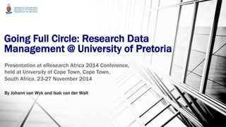 Going Full Circle: Research Data
Management @ University of Pretoria
Presentation at eResearch Africa 2014 Conference,
held at University of Cape Town, Cape Town,
South Africa, 23-27 November 2014
By Johann van Wyk and Isak van der Walt
 
