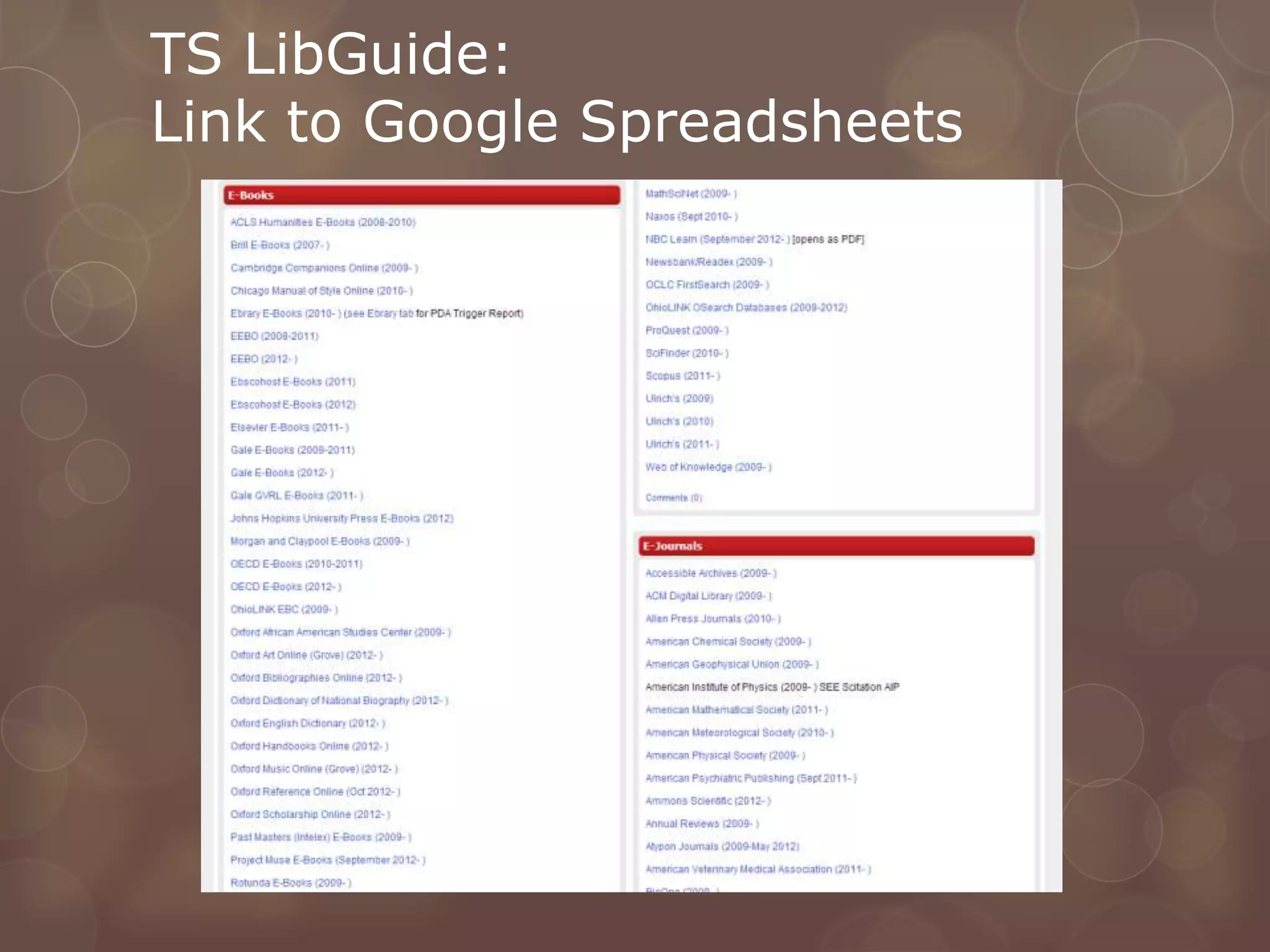 TS LibGuide:
Link to Google Spreadsheets
 