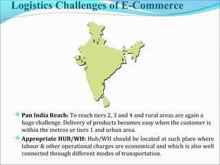 Logistics Challenges of E-Commerce
 Pan India Reach: To reach tiers 2, 3 and 4 and rural areas are again a
huge challenge. Delivery of products becomes easy when the customer is
within the metros or tiers 1 and urban area.
 Appropriate HUB/WH: Hub/WH should be located at such place where
labour & other operational charges are economical and which is also well
connected through different modes of transportation.
 