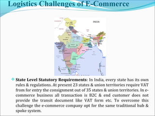 Logistics Challenges of E-Commerce
 State Level Statutory Requirements: In India, every state has its own
rules & regulations. At present 23 states & union territories require VAT
from for entry the consignment out of 35 states & union territories. In e-
commerce business all transaction is B2C & end customer does not
provide the transit document like VAT form etc. To overcome this
challenge the e-commerce company opt for the same traditional hub &
spoke system.
 
