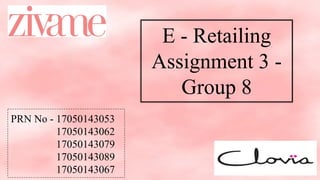 E - Retailing
Assignment 3 -
Group 8
PRN No - 17050143053
17050143062
17050143079
17050143089
17050143067
 