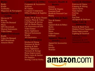 Books
Books
Kindle
Textbooks
Magazines & Newspapers
Movies, Music &
Games
Movies & TV
Blu-ray
Video On Demand
Music
MP3 Downloads
Musical Instruments
Video Games
Digital Downloads
Kindle
Video On Demand
MP3 Downloads
Amazon Shorts
Computers & Office
Computers & Accessories
Software
PC Games
Computer Components
Office Products & Supplies
Electronics
Audio, TV & Home Theater
Camera, Photo & Video
Cell Phones & Service
MP3 & Media Players
Car Electronics & GPS
Video Games
Home Appliances
Musical Instruments
Kindle
All Electronics
Home & Garden
Kitchen & Dining
Furniture & Décor
Bedding & Bath
Home Appliances
Vacuums & Storage
Home Improvement
Patio, Lawn & Garden
Pet Supplies
Sewing, Craft & Hobby
Grocery, Health &
Beauty
Grocery
Natural & Organic
Gourmet Food
Health & Personal Care
Beauty
Toys, Kids & Baby
Toys & Games
Baby
Apparel (Kids & Baby)
Books
Movies
Music
Video Games
Software
Apparel, Shoes &
Jewelry
Apparel & Accessories
Shoes
Jewelry
Watches
Sports & Outdoors
Exercise & Fitness
Camping & Hiking
Action Sports
Team Sports
Cycling
Golf
Fan Gear
All Sports & Outdoors
Tools, Auto &
Industrial
Power & Hand Tools
Outdoor Power Equipment
Home Improvement
Lighting & Electrical
Plumbing Fixtures
Automotive
Motorcycle & ATV
Industrial & Scientific
 