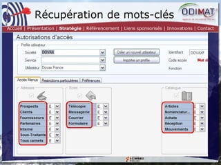 Récupération de mots-clés Accueil | Présentation |  Stratégie  | Référencement | Liens sponsorisés | Innovations | Contact 