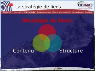 La stratégie de liens Accueil | Présentation |  Stratégie  | Référencement | Liens sponsorisés | Innovations | Contact Stratégie de liens Structure Contenu 
