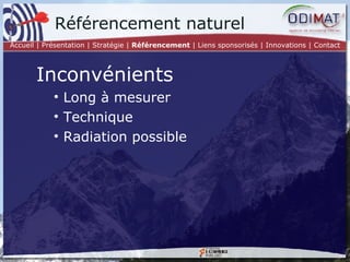 Référencement naturel Inconvénients Long à mesurer Technique Radiation possible Accueil | Présentation | Stratégie |  Référencement  | Liens sponsorisés | Innovations | Contact 