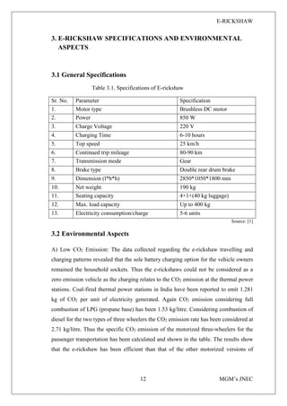 E-RICKSHAW
12 MGM’s JNEC
3. E-RICKSHAW SPECIFICATIONS AND ENVIRONMENTAL
ASPECTS
3.1 General Specifications
Table 3.1. Specifications of E-rickshaw
Sr. No. Parameter Specification
1. Motor type Brushless DC motor
2. Power 850 W
3. Charge Voltage 220 V
4. Charging Time 6-10 hours
5. Top speed 25 km/h
6. Continued trip mileage 80-90 km
7. Transmission mode Gear
8. Brake type Double rear drum brake
9. Dimension (l*b*h) 2850*1050*1800 mm
10. Net weight 190 kg
11. Seating capacity 4+1+(40 kg luggage)
12. Max. load capacity Up to 400 kg
13. Electricity consumption/charge 5-6 units
Source: [1]
3.2 Environmental Aspects
A) Low CO2 Emission: The data collected regarding the e-rickshaw travelling and
charging patterns revealed that the sole battery charging option for the vehicle owners
remained the household sockets. Thus the e-rickshaws could not be considered as a
zero emission vehicle as the charging relates to the CO2 emission at the thermal power
stations. Coal-fired thermal power stations in India have been reported to emit 1.281
kg of CO2 per unit of electricity generated. Again CO2 emission considering full
combustion of LPG (propane base) has been 1.53 kg/litre. Considering combustion of
diesel for the two types of three wheelers the CO2 emission rate has been considered at
2.71 kg/litre. Thus the specific CO2 emission of the motorized three-wheelers for the
passenger transportation has been calculated and shown in the table. The results show
that the e-rickshaw has been efficient than that of the other motorized versions of
 