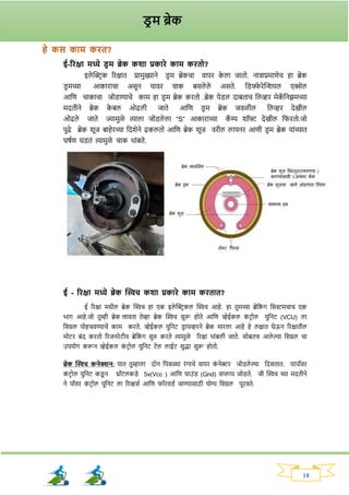 18
हे कस काम कित?
ई-रिक्षा मध्ये ड्र म ब्रेक कशा प्रकािे काम कितो?
इले क्ट्रिक रिक्षात प्रामुख्याने ड्ि म ब्रेकचा वापि क
े ला जातो. नावाप्रमाणेच हा ब्रेक
ड्ि मच्या आकािाचा असून यावि चाक बसले ले असते. नड्फ्फ
े िेक्ट्शर्यल एक्सेल
आनण चाकाचा जोड्ण्याचे काम हा ड्ि म ब्रेक कितो .ब्रेक पेड्ल दाबताच नलव्हि मेक
ॅ ननिमच्या
मदतीने ब्रेक क
े बल ओढली जाते आनण ड्ि म ब्रेक जवळील नलव्हि देखील
ओढले जाते ज्यामुळे त्याला जोड्ले ला “S” आकािाच्या क
ॅ म्प र्ॉफ्ट देखील नर्ितो.जो
पुढे ब्रेक र्ूज बाहेिच्या नदर्ेने ढकलतो आनण ब्रेक र्ूज विील लायनि आणी ड्ि म ब्रेक याांच्यात
घषवण घड्तां त्यामुळे चाक थाांबते.
ई - रिक्षा मध्ये ब्रेक क्ट्िच कशा प्रकािे काम कितात?
ई रिक्षा मधील ब्रेक क्ट्िच हा एक इले क्ट्रिकल क्ट्िच आहे. हा तुमच्या ब्रेनक
ां र् नसस्टमचाच एक
भार् आहे.जो तुम्ही ब्रेक लावता तेव्हा ब्रेक क्ट्िच सुरू होते आनण व्हेईकल क
ां टिोल युननट (VCU) ला
नसग्नल पोहचवण्याचे काम किते. व्हेईकल युननट ड्ि ायव्हिने ब्रेक मािला आहे हे लक्षात घेऊन रिक्षातील
मोटि बांद कितो रिजनिेटीव ब्रेनक
ां र् सुरु किते त्यामुळे रिक्षा थाांबली जाते. सोबतच आले ल्या नसग्नल चा
उपयोर् करून व्हेईकल क
ां टिोल युननट टेल लाईट सुद्धा सुरू होतो.
ब्रेक क्ट्िच कनेक्शन: यात तुम्हाला दोन नपवळ्या िांर्ाचे वायि क
ां नेरि जोड्ले ल्या नदसतात. यापॉवि
क
ां टिोल युननट कड्
ू न थ्रॉटलकड्े 5v(Vcc ) आनण ग्राउांड् (Gnd) सप्लाय जोड्ते. जी क्ट्िच च्या मदतीने
ने पॉवि क
ां टिोल युननट ला रिव्हसव आनण र्ॉिवड्व जाण्यासाठी योग्य नसग्नल पूिवते.
ड्र म ब्रेक
 