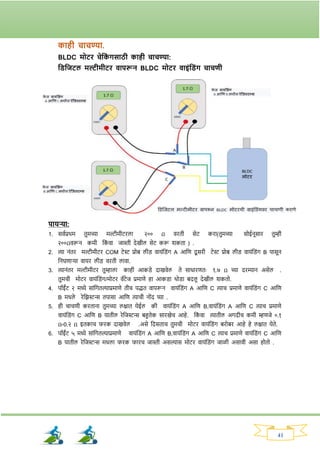 41
काही चाचण्या.
BLDC मोटि चेतक
ां िसाठी काही चाचण्या:
तड्तजटल मल्टीमीटि वापरून BLDC मोटि वाइांतड्ांि चाचणी
पायऱ्या:
1. सववप्रथम तुमच्या मल्टीमीटिला २०० Ω विती सेट किा(तुमच्या सोईनूसाि तुम्ही
२००Ωवरून कमी नक
ां वा जास्ती देखील सेट करू र्कता ) .
2. त्या नांति मल्टीमीटि COM टेस्ट प्रोब लीड् वायांनड्ांर् A आनण दू सिी टेस्ट प्रोब लीड् वायांनड्ांर् B पासून
ननघणार्या वायि लीड् विती लावा.
3. त्यानांति मल्टीमीटि तुम्हाला काही आकड्े दाखवेल ते साधािणतः १.७ Ω च्या दिम्यान असेल .
तुमची मोटि वायांनड्ांर्/मोटि वॅटेज प्रमाणे हा आकड्ा थोड्ा बदलू देखील र्कतो.
4. पॉईांट २ मध्ये साांनर्तल्याप्रमाणे तीच पद्धत वापरून वायांनड्ांर् A आनण C त्याच प्रमाणे वायांनड्ांर् C आनण
B मधले िेनिस्टन्स तपासा आनण त्याची नोांद घ्या .
5. ही चाचणी किताना तुमच्या लक्षात येईल की वायांनड्ांर् A आनण B,वायांनड्ांर् A आनण C त्याच प्रमाणे
वायांनड्ांर् C आनण B यातील िेनजस्टन्स बहुतेक सािखेच आहे. नक
ां वा त्यातील अर्दीच कमी म्हणजे ०.१
Ω-0.२ Ω इतकाच र्िक दाखवेल .असे नदसताच तुमची मोटि वायांनड्ांर् बिोबि आहे हे लक्षात येते.
6. पॉईांट ५ मध्ये साांनर्तल्याप्रमाणे वायांनड्ांर् A आनण B,वायांनड्ांर् A आनण C त्याच प्रमाणे वायांनड्ांर् C आनण
B यातील िेनजस्टन्स मधला र्िक र्ािच जास्ती असल्यास मोटि वायांनड्ांर् जाळी असावी असा होतो .
 