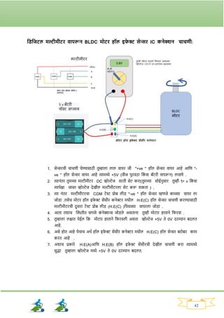 42
तड्तजटल मल्टीमीटि वापरून BLDC मोटि हॉल इफ
े र सेन्सि IC कनेक्शन चाचणी:
1. सेन्सिची चाचणी घेण्यासाठी तुम्हाला लाल वायि जी "+ve " हॉल सेन्सि वायि आहे आनण "-
ve " हॉल सेन्सि वायि आहे त्यामध्ये +5V (वीज पुिवठा नक
ां वा बॅटिी वापरून) लावणे .
2. त्यानांति तुमच्या मल्टीमीटि DC व्होल्टेज विती सेट किा(तुमच्या सोईनुसाि तुम्ही १० v नक
ां वा
त्यापेक्षा जास्त व्होल्टेज देखील मल्टीमीटिला सेट करू र्कता ) .
3. त्या नांति मल्टीमीटिचा COM टेस्ट प्रोब लीड् "-ve " हॉल सेन्सि म्हणजे काळ्या वायि ला
जोड्ा .तसेच मोटि हॉल इर्
े र सेंसौि कनेरि मधील H.E(C) हॉल सेन्सि चाचणी किण्यासाठी
मल्टीमीटिची दुसिा टेस्ट प्रोब लीड् (H.E(C) )नपवळ्या वायिला जोड्ा .
4. आता तर्ाच क्ट्ितीत सर्ळे क
ां नेक्शन्स जोड्ले असताना तुम्ही मोटाि हाताने नर्िवा .
5. तुम्हाला लक्षात येईल नक मोटाि हाताने नर्िवली असता व्होल्टेज +5V ते 0V दिम्यान बदलत
आहे.
6. असे होत आहे येचाच अथव हॉल इर्
े र सेंसौि कनेरि मधील H.E(C) हॉल सेन्सि बिोबि काम
कित आहे .
7. अर्ाच प्रकािे H.E(A)आनण H.E(B) हॉल इर्
े र सेंसौिची देखील चाचणी किा त्यामध्ये
सुद्धा तुम्हाला व्होल्टेज मध्ये +5V ते 0V दिम्यान बदलत.
 