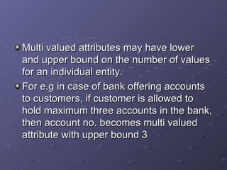 Multi valued attributes may have lower and upper bound on the number of values for an individual entity.  For e.g in case of bank offering accounts to customers, if customer is allowed to hold maximum three accounts in the bank, then account no. becomes multi valued attribute with upper bound 3 
