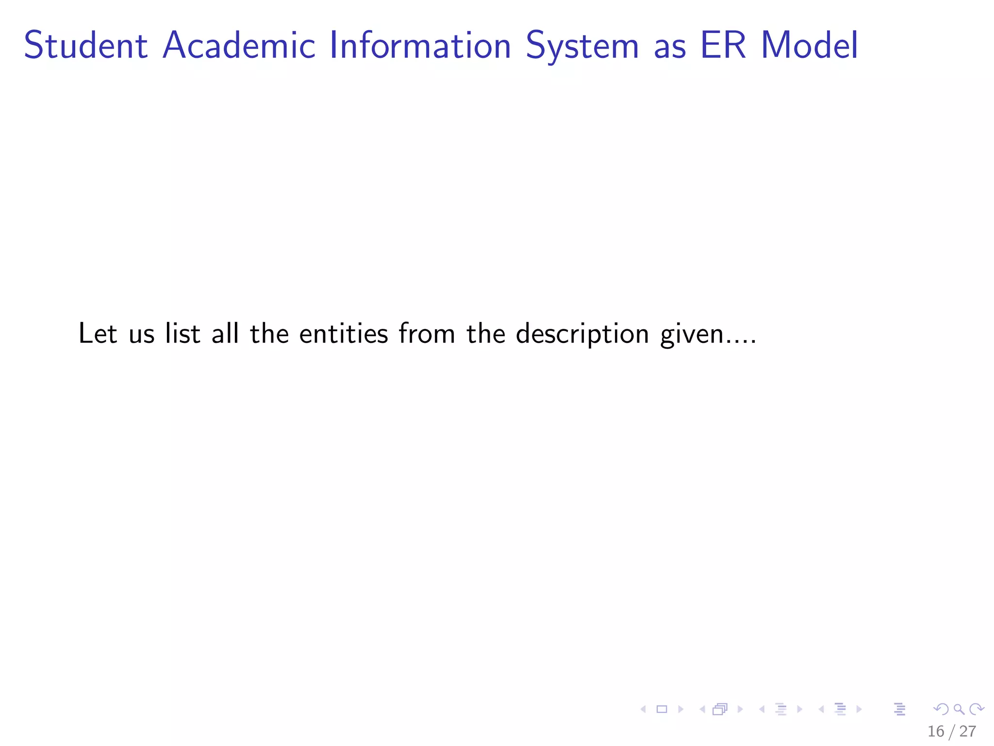 Student Academic Information System as ER Model




   Let us list all the entities from the description given....




                                                                 16 / 27
 