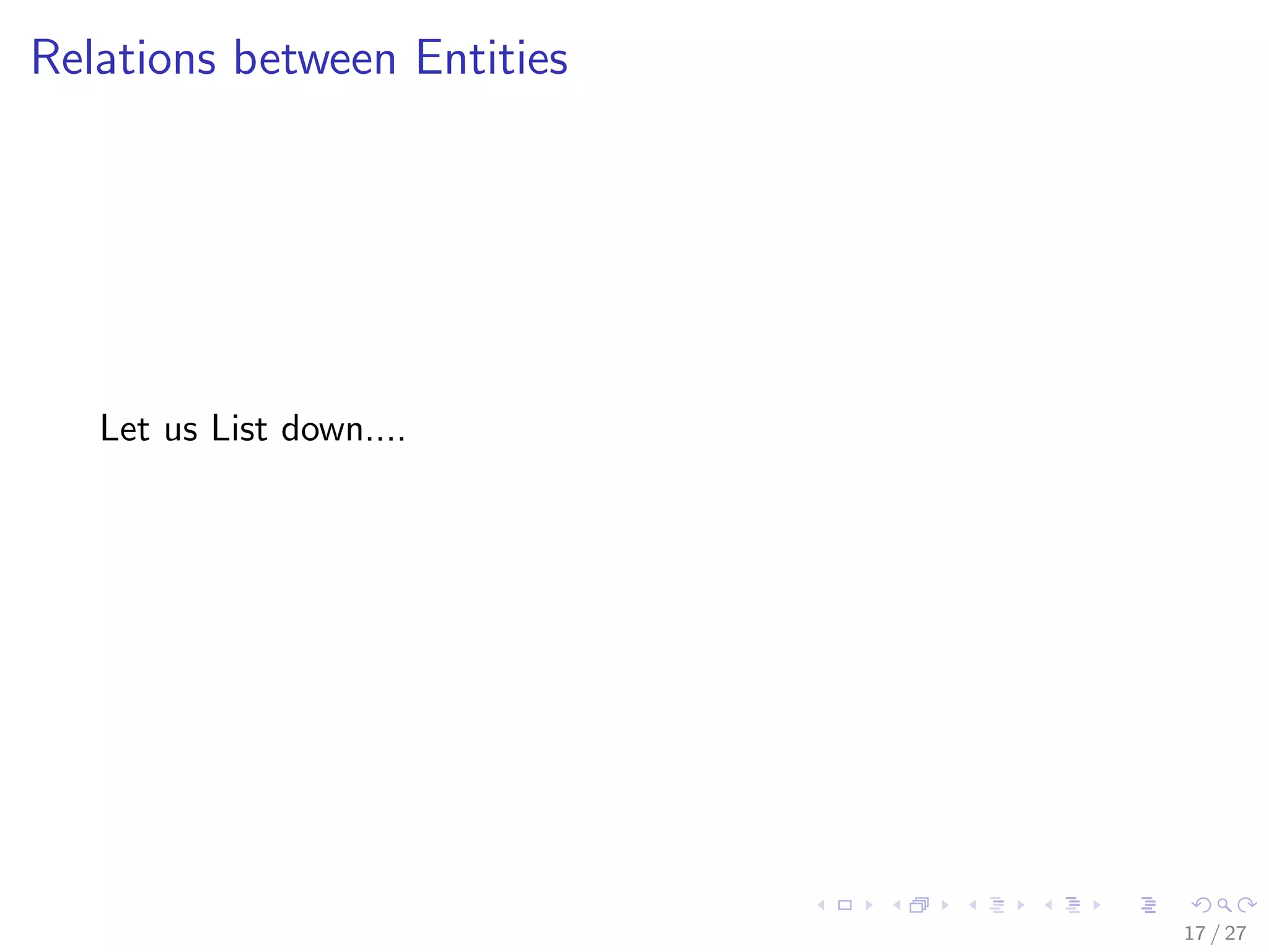 Relations between Entities




   Let us List down....




                             17 / 27
 