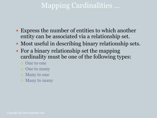 Mapping Cardinalities …
 Express the number of entities to which another
entity can be associated via a relationship set.
 Most useful in describing binary relationship sets.
 For a binary relationship set the mapping
cardinality must be one of the following types:
 One to one
 One to many
 Many to one
 Many to many
Copyright @ www.bcanotes.com
 