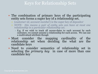 Keys for Relationship Sets
 The combination of primary keys of the participating
entity sets forms a super key of a relationship set.
 (customer-id, account-number) is the super key of depositor
 NOTE: this means a pair of entity sets can have at most one
relationship in a particular relationship set.
 E.g. if we wish to track all access-dates to each account by each
customer, we cannot assume a relationship for each access. We can use
a multivalued attribute though
 Must consider the mapping cardinality of the
relationship set when deciding the what are the
candidate keys
 Need to consider semantics of relationship set in
selecting the primary key in case of more than one
candidate key
Copyright @ www.bcanotes.com
 