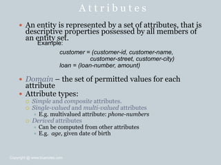 A t t r i b u t e s
 An entity is represented by a set of attributes, that is
descriptive properties possessed by all members of
an entity set.
 Domain – the set of permitted values for each
attribute
 Attribute types:
 Simple and composite attributes.
 Single-valued and multi-valued attributes
 E.g. multivalued attribute: phone-numbers
 Derived attributes
 Can be computed from other attributes
 E.g. age, given date of birth
Example:
customer = (customer-id, customer-name,
customer-street, customer-city)
loan = (loan-number, amount)
Copyright @ www.bcanotes.com
 