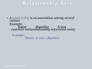 R e l a t i o n s h i p S e t s
 A relationship is an association among several
entities
Example:
Hayes depositor A-102
customer entityrelationship setaccount entity
 Example:
(Hayes, A-102)  depositor
Copyright @ www.bcanotes.com
 