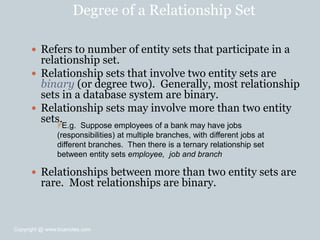 Degree of a Relationship Set
 Refers to number of entity sets that participate in a
relationship set.
 Relationship sets that involve two entity sets are
binary (or degree two). Generally, most relationship
sets in a database system are binary.
 Relationship sets may involve more than two entity
sets.
 Relationships between more than two entity sets are
rare. Most relationships are binary.
E.g. Suppose employees of a bank may have jobs
(responsibilities) at multiple branches, with different jobs at
different branches. Then there is a ternary relationship set
between entity sets employee, job and branch
Copyright @ www.bcanotes.com
 