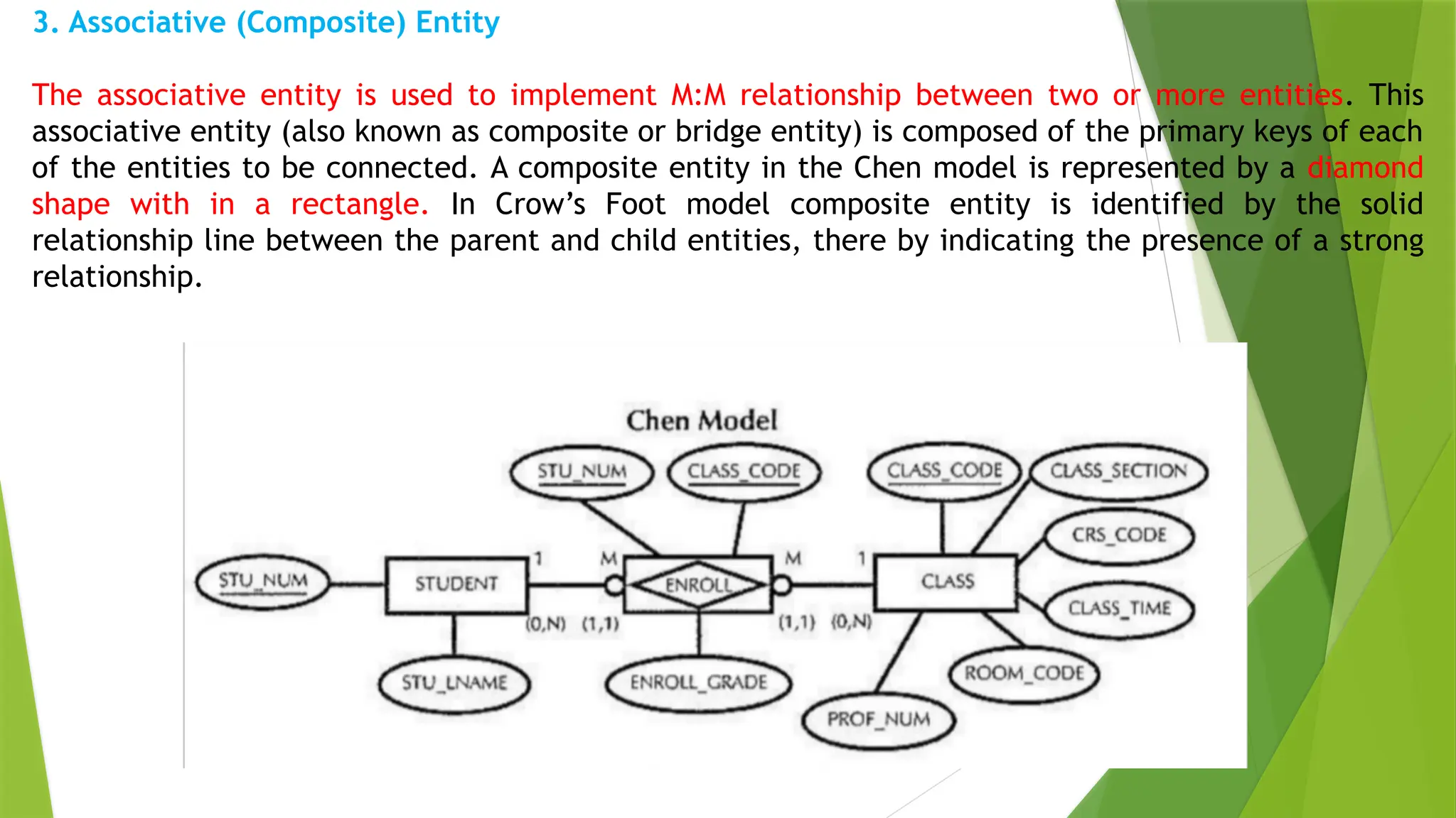 3. Associative (Composite) Entity
The associative entity is used to implement M:M relationship between two or more entities. This
associative entity (also known as composite or bridge entity) is composed of the primary keys of each
of the entities to be connected. A composite entity in the Chen model is represented by a diamond
shape with in a rectangle. In Crow’s Foot model composite entity is identified by the solid
relationship line between the parent and child entities, there by indicating the presence of a strong
relationship.
 