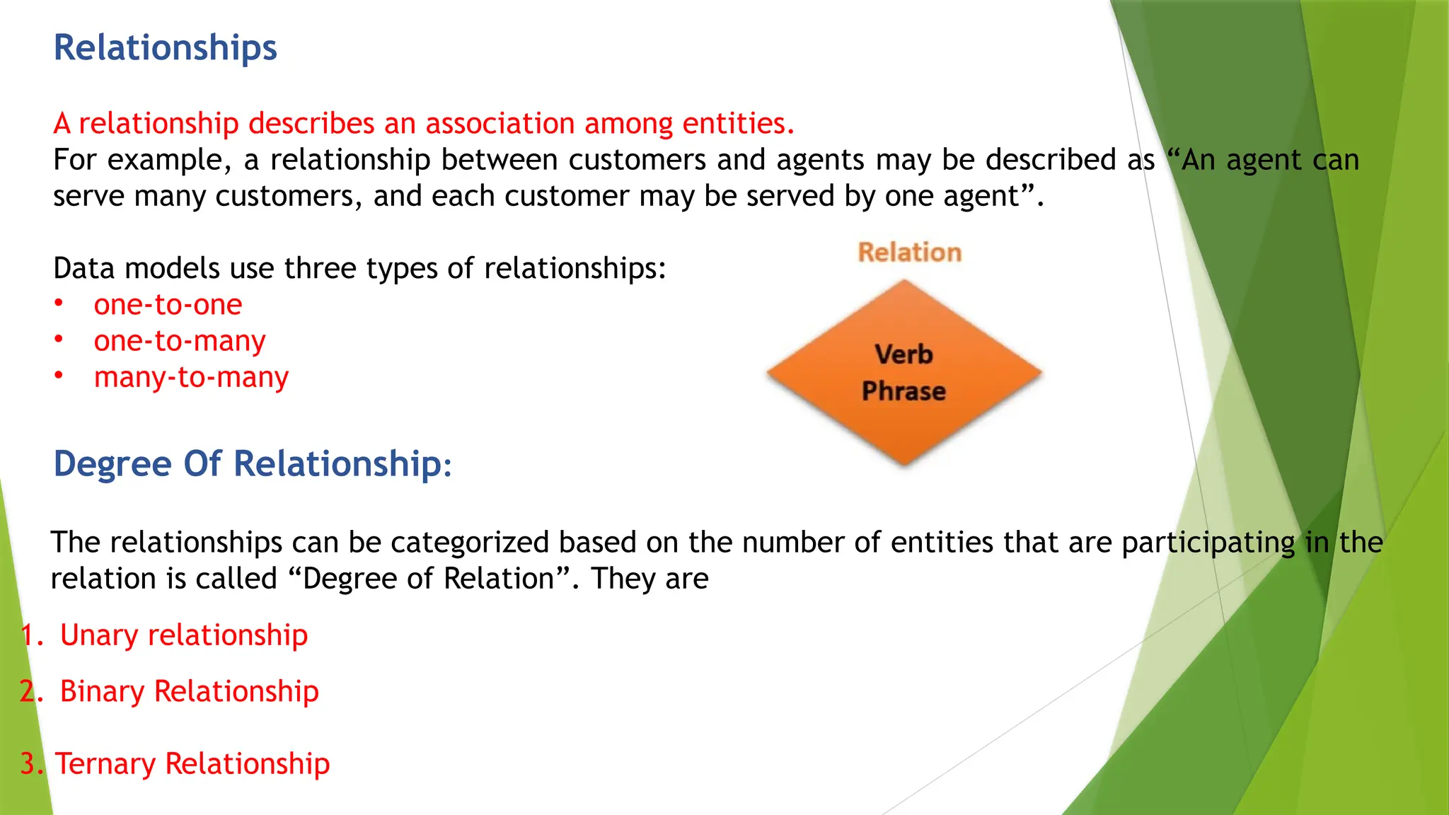 Relationships
A relationship describes an association among entities.
For example, a relationship between customers and agents may be described as “An agent can
serve many customers, and each customer may be served by one agent”.
Data models use three types of relationships:
• one-to-one
• one-to-many
• many-to-many
Degree Of Relationship:
The relationships can be categorized based on the number of entities that are participating in the
relation is called “Degree of Relation”. They are
1. Unary relationship
2. Binary Relationship
3. Ternary Relationship
 