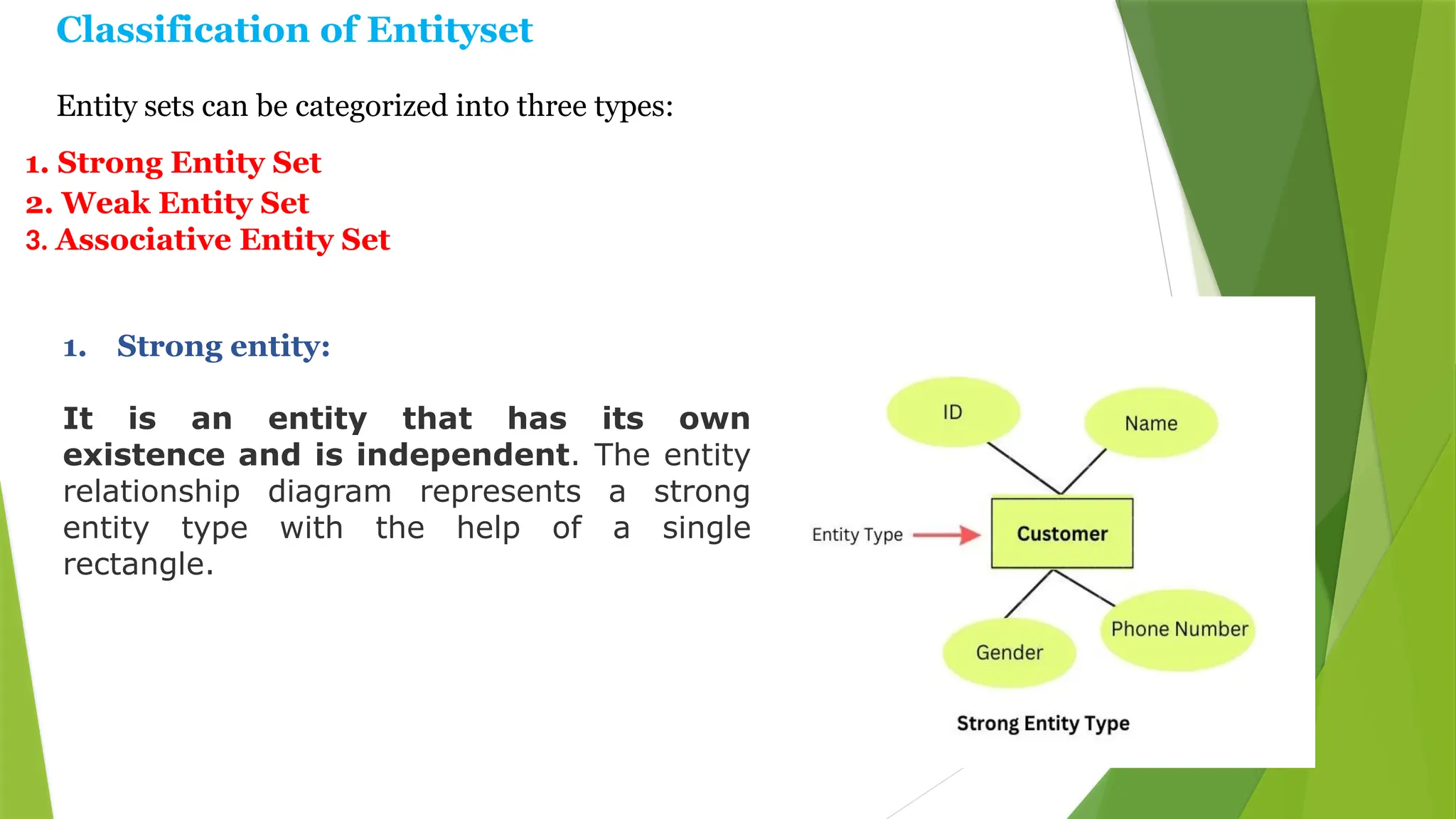 Classification of Entityset
Entity sets can be categorized into three types:
1. Strong Entity Set
2. Weak Entity Set
3. Associative Entity Set
1. Strong entity:
It is an entity that has its own
existence and is independent. The entity
relationship diagram represents a strong
entity type with the help of a single
rectangle.
 