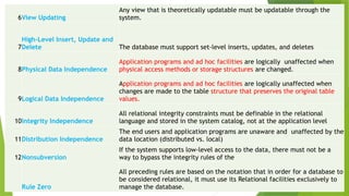 6View Updating
Any view that is theoretically updatable must be updatable through the
system.
7
High-Level Insert, Update and
Delete The database must support set-level inserts, updates, and deletes
8Physical Data Independence
Application programs and ad hoc facilities are logically unaffected when
physical access methods or storage structures are changed.
9Logical Data Independence
Application programs and ad hoc facilities are logically unaffected when
changes are made to the table structure that preserves the original table
values.
10Integrity Independence
All relational integrity constraints must be definable in the relational
language and stored in the system catalog, not at the application level
11Distribution Independence
The end users and application programs are unaware and unaffected by the
data location (distributed vs. local)
12Nonsubversion
If the system supports low-level access to the data, there must not be a
way to bypass the integrity rules of the
Rule Zero
All preceding rules are based on the notation that in order for a database to
be considered relational, it must use its Relational facilities exclusively to
manage the database.
 