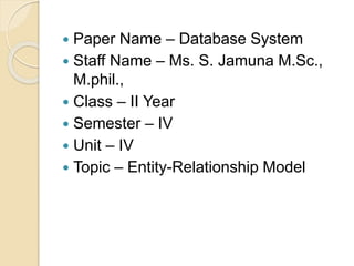  Paper Name – Database System
 Staff Name – Ms. S. Jamuna M.Sc.,
M.phil.,
 Class – II Year
 Semester – IV
 Unit – IV
 Topic – Entity-Relationship Model
 