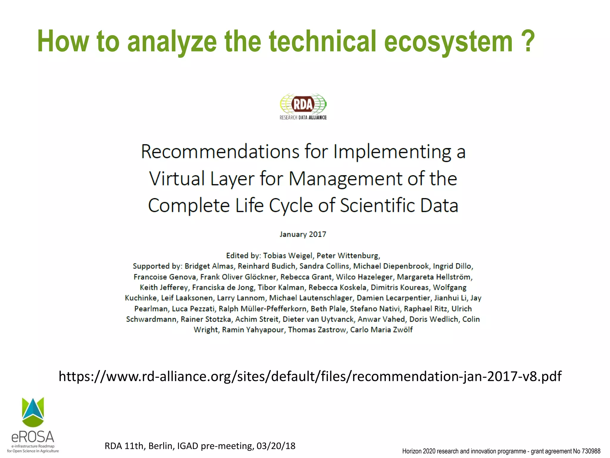 Horizon 2020 research and innovation programme - grant agreement No 730988
RDA 11th, Berlin, IGAD pre-meeting, 03/20/18
How to analyze the technical ecosystem ?
https://www.rd-alliance.org/sites/default/files/recommendation-jan-2017-v8.pdf
 