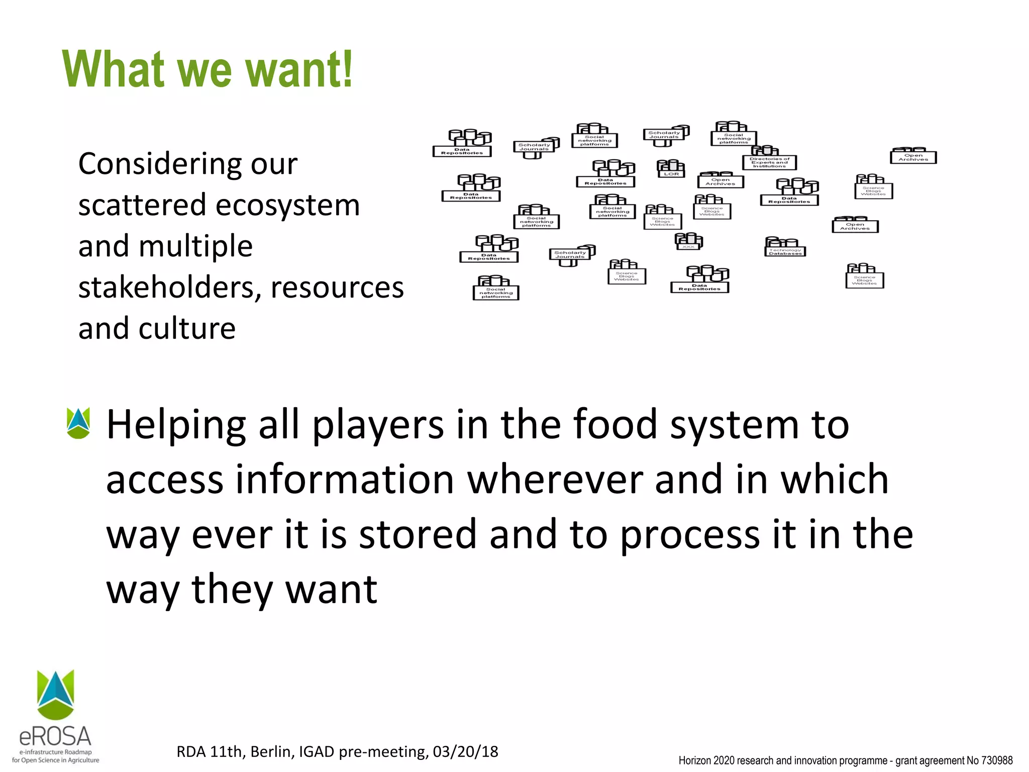 Horizon 2020 research and innovation programme - grant agreement No 730988
RDA 11th, Berlin, IGAD pre-meeting, 03/20/18
What we want!
Helping all players in the food system to
access information wherever and in which
way ever it is stored and to process it in the
way they want
Considering our
scattered ecosystem
and multiple
stakeholders, resources
and culture
 