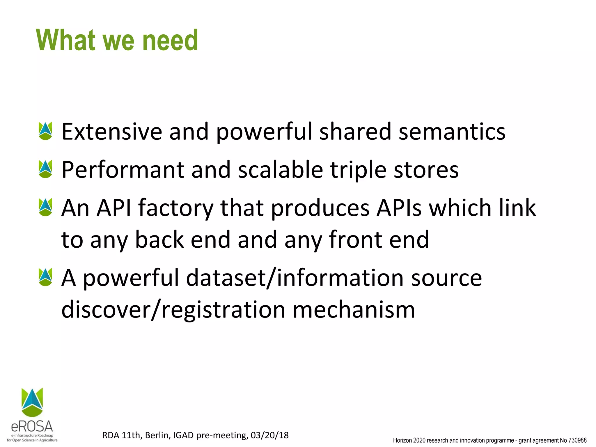 Horizon 2020 research and innovation programme - grant agreement No 730988
RDA 11th, Berlin, IGAD pre-meeting, 03/20/18
What we need
Extensive and powerful shared semantics
Performant and scalable triple stores
An API factory that produces APIs which link
to any back end and any front end
A powerful dataset/information source
discover/registration mechanism
 