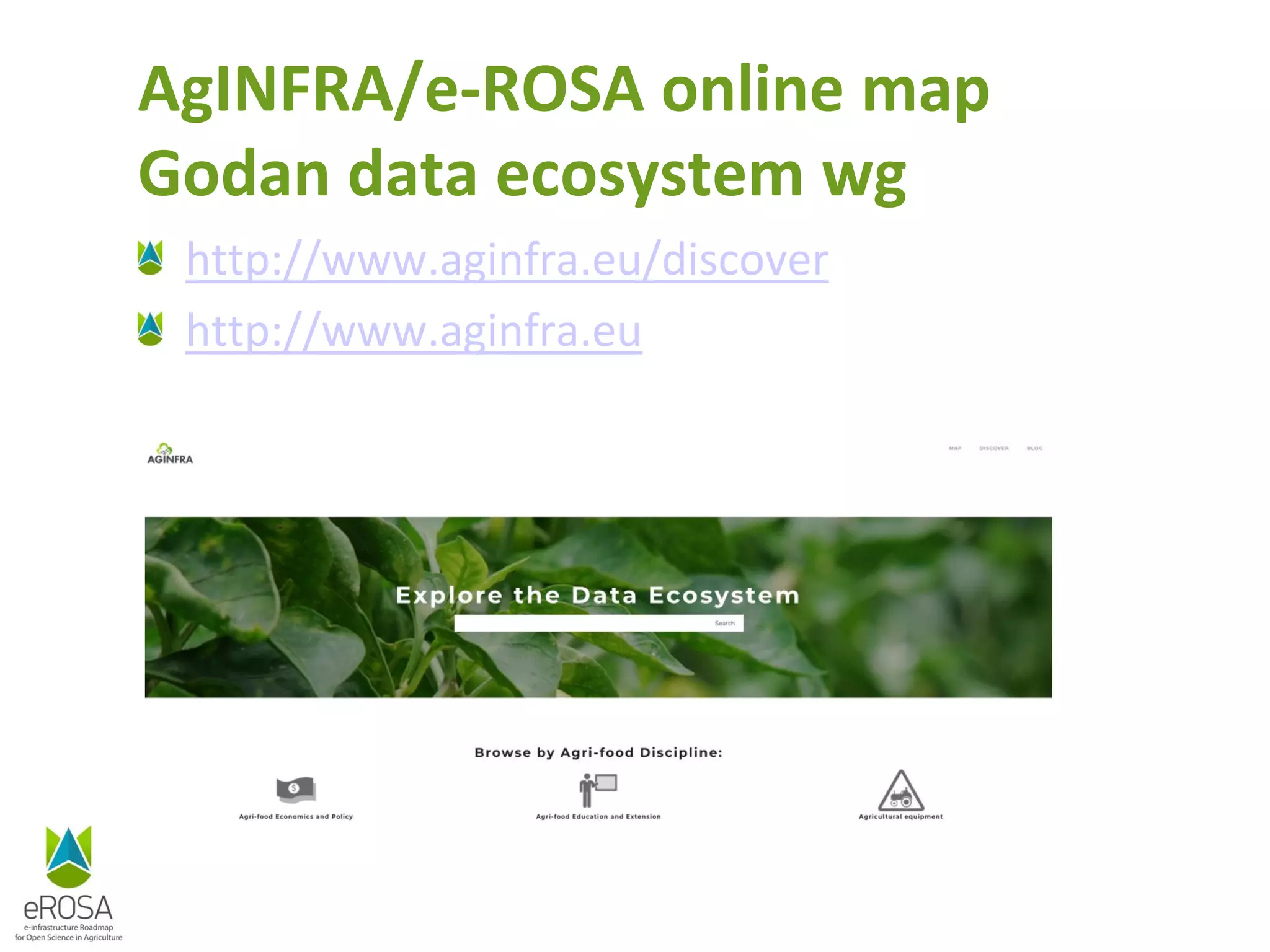 http://www.aginfra.eu/discover
http://www.aginfra.eu
AgINFRA/e-ROSA online map
Godan data ecosystem wg
 
