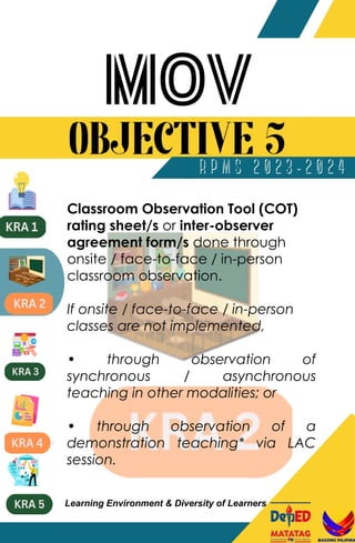 Classroom Observation Tool (COT)
rating sheet/s or inter-observer
agreement form/s done through
onsite / face-to-face / in-person
classroom observation.
If onsite / face-to-face / in-person
classes are not implemented,
• through observation of
synchronous / asynchronous
teaching in other modalities; or
• through observation of a
demonstration teaching* via LAC
session.
Learning Environment & Diversity of Learners
 