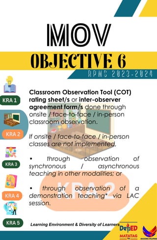 Classroom Observation Tool (COT)
rating sheet/s or inter-observer
agreement form/s done through
onsite / face-to-face / in-person
classroom observation.
If onsite / face-to-face / in-person
classes are not implemented,
• through observation of
synchronous / asynchronous
teaching in other modalities; or
• through observation of a
demonstration teaching* via LAC
session.
Learning Environment & Diversity of Learners
 