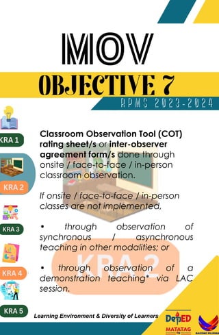 Classroom Observation Tool (COT)
rating sheet/s or inter-observer
agreement form/s done through
onsite / face-to-face / in-person
classroom observation.
If onsite / face-to-face / in-person
classes are not implemented,
• through observation of
synchronous / asynchronous
teaching in other modalities; or
• through observation of a
demonstration teaching* via LAC
session.
Learning Environment & Diversity of Learners
 