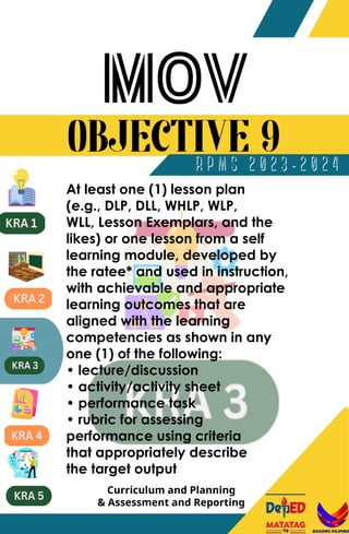 At least one (1) lesson plan
(e.g., DLP, DLL, WHLP, WLP,
WLL, Lesson Exemplars, and the
likes) or one lesson from a self
learning module, developed by
the ratee* and used in instruction,
with achievable and appropriate
learning outcomes that are
aligned with the learning
competencies as shown in any
one (1) of the following:
• lecture/discussion
• activity/activity sheet
• performance task
• rubric for assessing
performance using criteria
that appropriately describe
the target output
Curriculum and Planning
& Assessment and Reporting
 