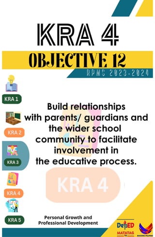Build relationships
with parents/ guardians and
the wider school
community to facilitate
involvement in
the educative process.
Personal Growth and
Professional Development
 