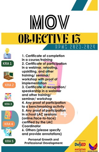 1. Certificate of completion
in a course/training
2. Certificate of participation
in a webinar, retooling,
upskilling, and other
training/ seminar/
workshop with proof of
implementation
3. Certificate of recognition/
speakership in a webinar
and other training/
seminar/ workshop
4. Any proof of participation
to a benchmarking activity
5. Any proof of participation
in school LAC sessions
(online/face-to-face)
certified by the LAC
Coordinator
6. Others (please specify
and provide annotations)
Personal Growth and
Professional Development
 