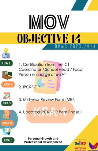 1. Certification from the ICT
Coordinator / School Head / Focal
Person in charge of e-SAT
2. IPCRF-DP
3. Mid-year Review Form (MRF)
4. Updated IPCRF-DP from Phase II
Personal Growth and
Professional Development
 
