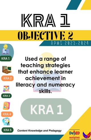 Used a range of
teaching strategies
that enhance learner
achievement in
literacy and numeracy
skills.
Content Knowledge and Pedagogy
 
