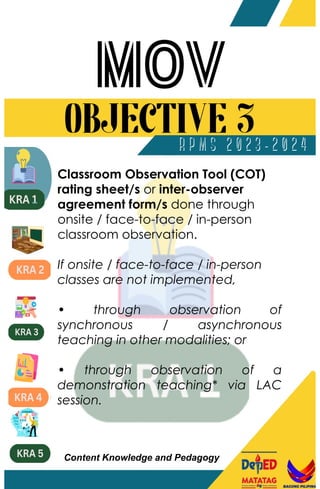 Classroom Observation Tool (COT)
rating sheet/s or inter-observer
agreement form/s done through
onsite / face-to-face / in-person
classroom observation.
If onsite / face-to-face / in-person
classes are not implemented,
• through observation of
synchronous / asynchronous
teaching in other modalities; or
• through observation of a
demonstration teaching* via LAC
session.
Content Knowledge and Pedagogy
 