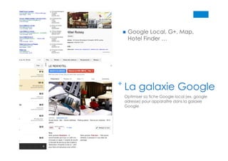 +
La galaxie Google
  Google Local, G+, Map,
Hotel Finder …
Optimiser sa fiche Google local (ex. google
adresse) pour apparaître dans la galaxie
Google
 