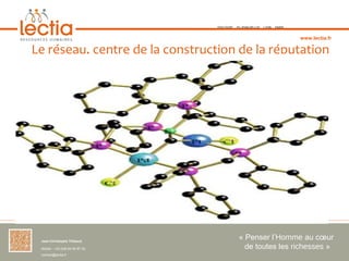 TOULOUSE   ST-JEAN-DE-LUZ   LYON   PARIS



                                                                             www.lectia.fr

Le réseau, centre de la construction de la réputation




 Jean-Christophe Thibaud 
                                              « Penser l’Homme au cœur 
 Mobile : +33 (0)6 84 95 87 34                  de toutes les richesses »
 contact@lectia.fr 
 