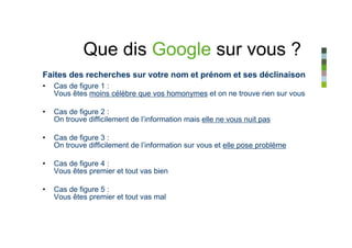 Que dis Google sur vous ?
Faites des recherches sur votre nom et prénom et ses déclinaison
•   Cas de figure 1 :
    Vous êtes moins célèbre que vos homonymes et on ne trouve rien sur vous

•   Cas de figure 2 :
    On trouve difficilement de l’information mais elle ne vous nuit pas

•   Cas de figure 3 :
    On trouve difficilement de l’information sur vous et elle pose problème

•   Cas de figure 4 :
    Vous êtes premier et tout vas bien

•   Cas de figure 5 :
    Vous êtes premier et tout vas mal
 
