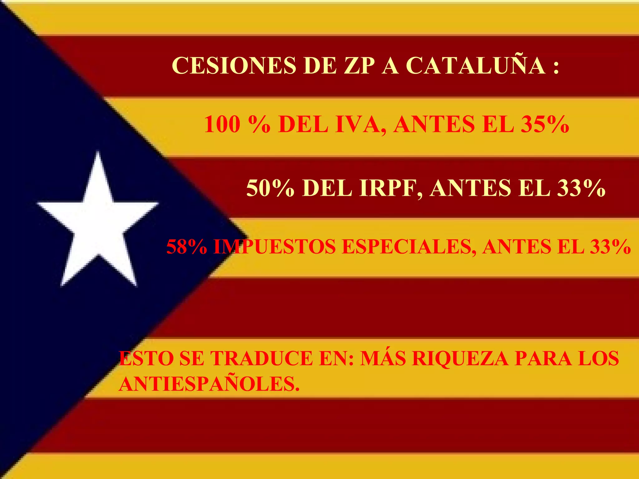 CESIONES DE ZP A CATALUÑA : 100 % DEL IVA, ANTES EL 35% 50% DEL IRPF, ANTES EL 33% 58% IMPUESTOS ESPECIALES, ANTES EL 33% ESTO SE TRADUCE EN: MÁS RIQUEZA PARA LOS ANTIESPAÑOLES. 