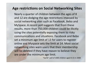 Age	
  restric3ons	
  on	
  Social	
  Networking	
  Sites	
  
	
  Nearly	
  a	
  quarter	
  of	
  children	
  between	
  the	
  ages	
  of	
  8	
  
and	
  12	
  are	
  dodging	
  the	
  age	
  restric>ons	
  imposed	
  by	
  
social	
  networking	
  sites	
  such	
  as	
  Facebook,	
  Bebo	
  and	
  
MySpace.	
  A	
  recent	
  poll	
  suggests	
  that	
  from	
  these	
  
results,	
  more	
  than	
  750,000	
  children	
  could	
  be	
  illicitly	
  
using	
  the	
  sites	
  poten>ally	
  exposing	
  them	
  to	
  risky	
  
communica>ons	
  and	
  situa>ons.	
  Facebook	
  and	
  Bebo	
  
set	
  a	
  minimum	
  age	
  limit	
  of	
  13	
  for	
  users	
  to	
  register	
  
online	
  and	
  Myspace	
  sets	
  the	
  limit	
  at	
  14.	
  Most	
  social	
  
networking	
  sites	
  warn	
  users	
  that	
  their	
  membership	
  
will	
  be	
  deleted	
  if	
  they	
  have	
  reason	
  to	
  believe	
  they	
  
are	
  under	
  the	
  minimum	
  age	
  limit.	
  	
  
“Garlik”	
  poll	
  of	
  1000	
  children	
  aged	
  8-­‐15	
  in	
  2008	
  
 