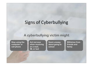 Signs	
  of	
  Cyberbullying	
  
Act nervous
when receiving
an e-mail,
IM, or text
Seem uneasy
about going to
school
Withdraw from
friends and
family
Stop using the
computer or
cell phone
A cyberbullying victim might
 
