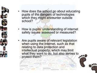 How does the school go about educating pupils of the dangers of technologies which they might encounter outside school?  How is pupils’ understanding of internet safety issues assessed or measured?  Are pupils aware of relevant legislation when using the internet, such as that relating to data protection and intellectual property, which may limit what they want to do, but also serves to protect them? 