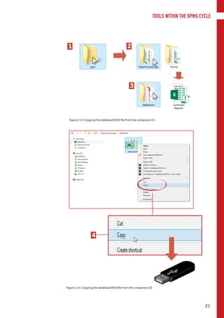 TOOLS WITHIN THE RPMS CYCLE
21
1 2
3
Figure 2.13. Copying the databaseXXXX file from the computers (1)
Figure 2.14. Copying the databaseXXXX file from the computers (2)
4
 